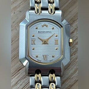 Riven Dino AZZA Rare Ladies Watch Two-Tone Bracelet Stainless Rectangular Dial